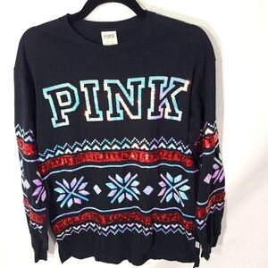 Pink Victoria Secret Women's Size XS Black Iridescent Snowflake Tee Shirt Sequin